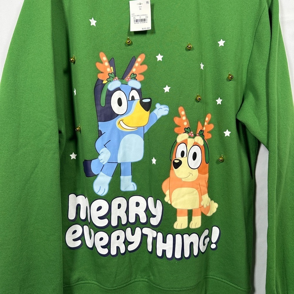 New Bluey festive sweatshirt cozy fleece jingle bell graphic adult medium green - Picture 3 of 11